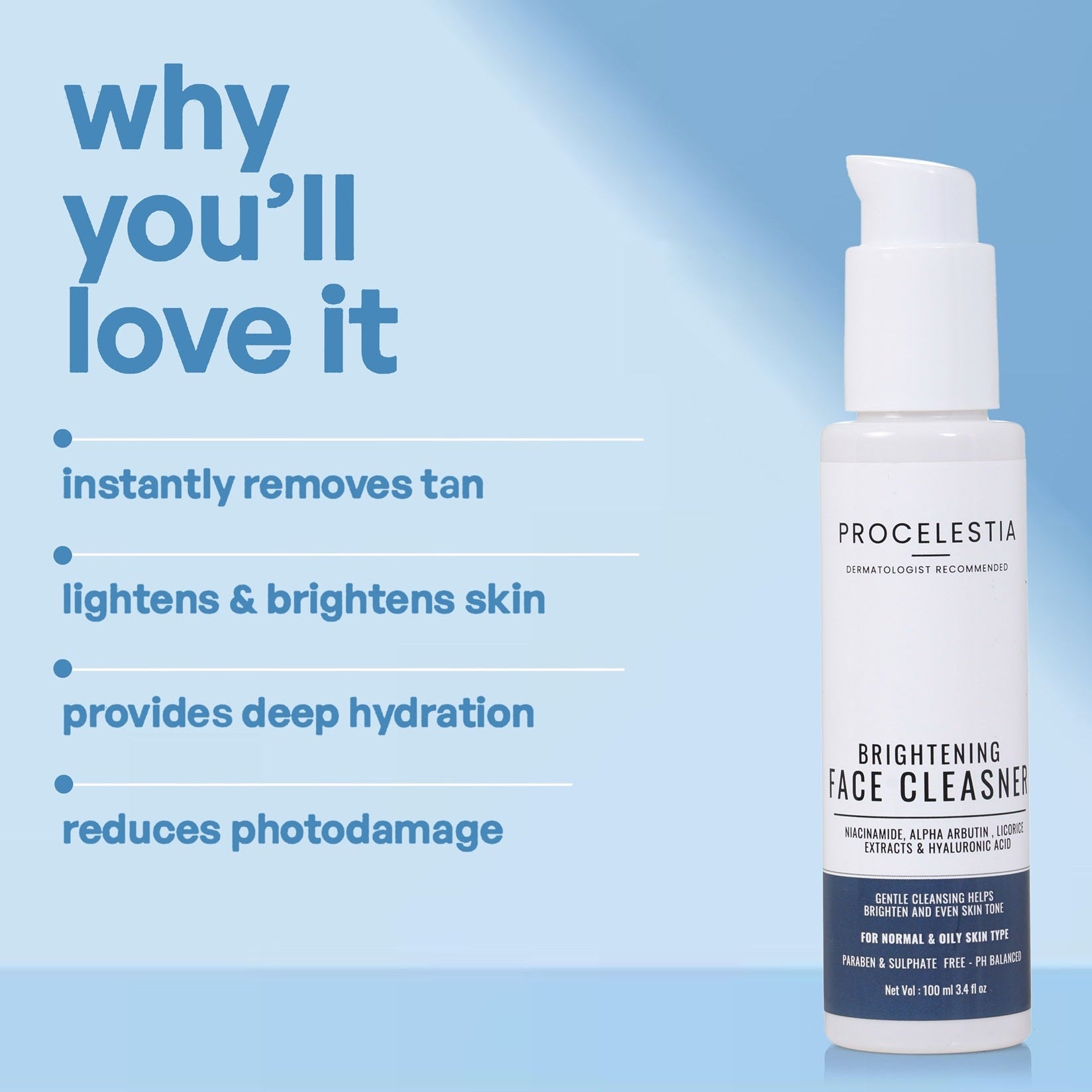 Skincare bottle with text on a blue background