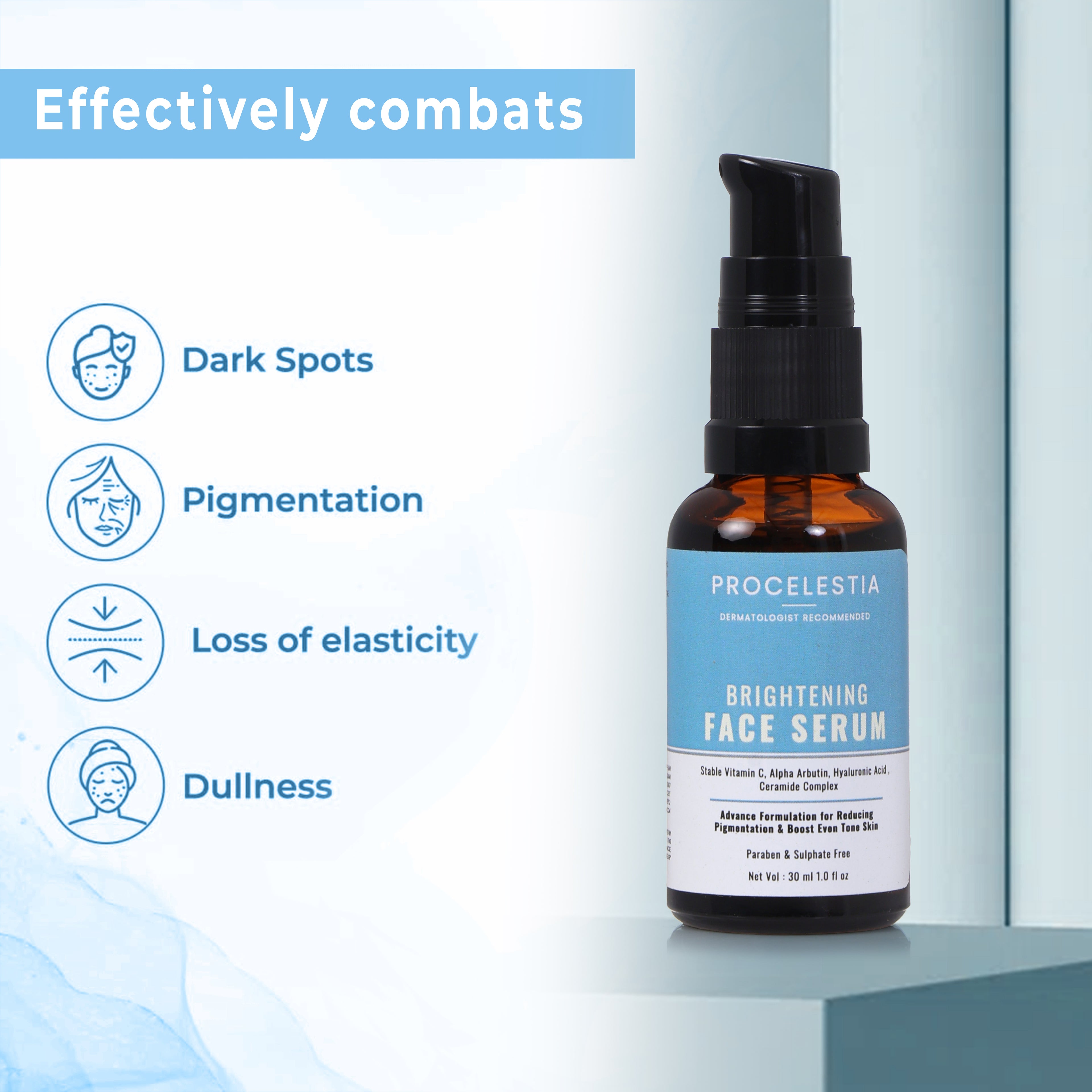 Procelestia Radiant Glow Brightening Serum | 30ml | With Niacinamide, Ethyl Ascorbic Acid & Hyaluronic Acid | Fades Dark Spots & Dullness | Gentle on Skin | Dermatologist Recommended