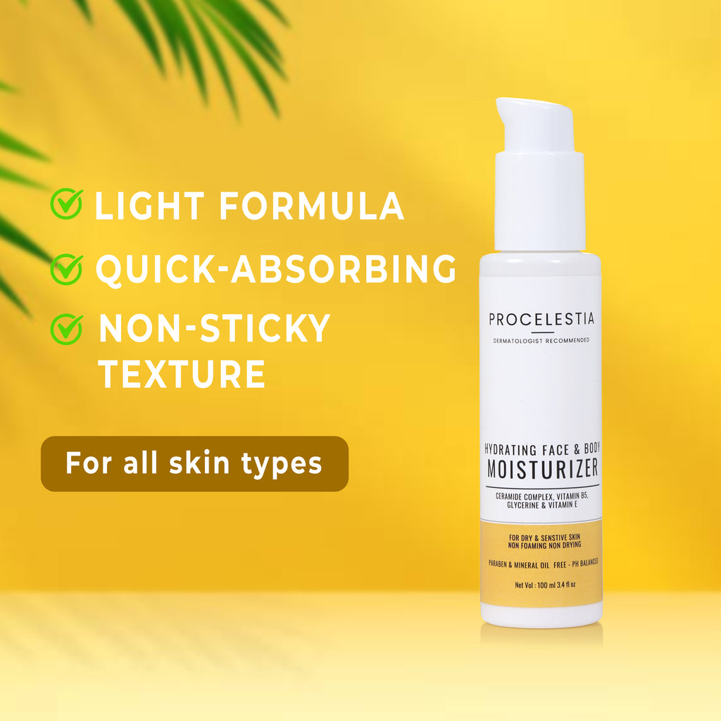 Procelestia Moisturizing Lotion for Dry to Normal, Sensitive Skin | 100 ml | Enriched with Avocado Oil, Vitamin E & B5 | Non-Greasy, Deep Hydration Formula | Dermatologist Recommended | Paraben & Sulphate Free