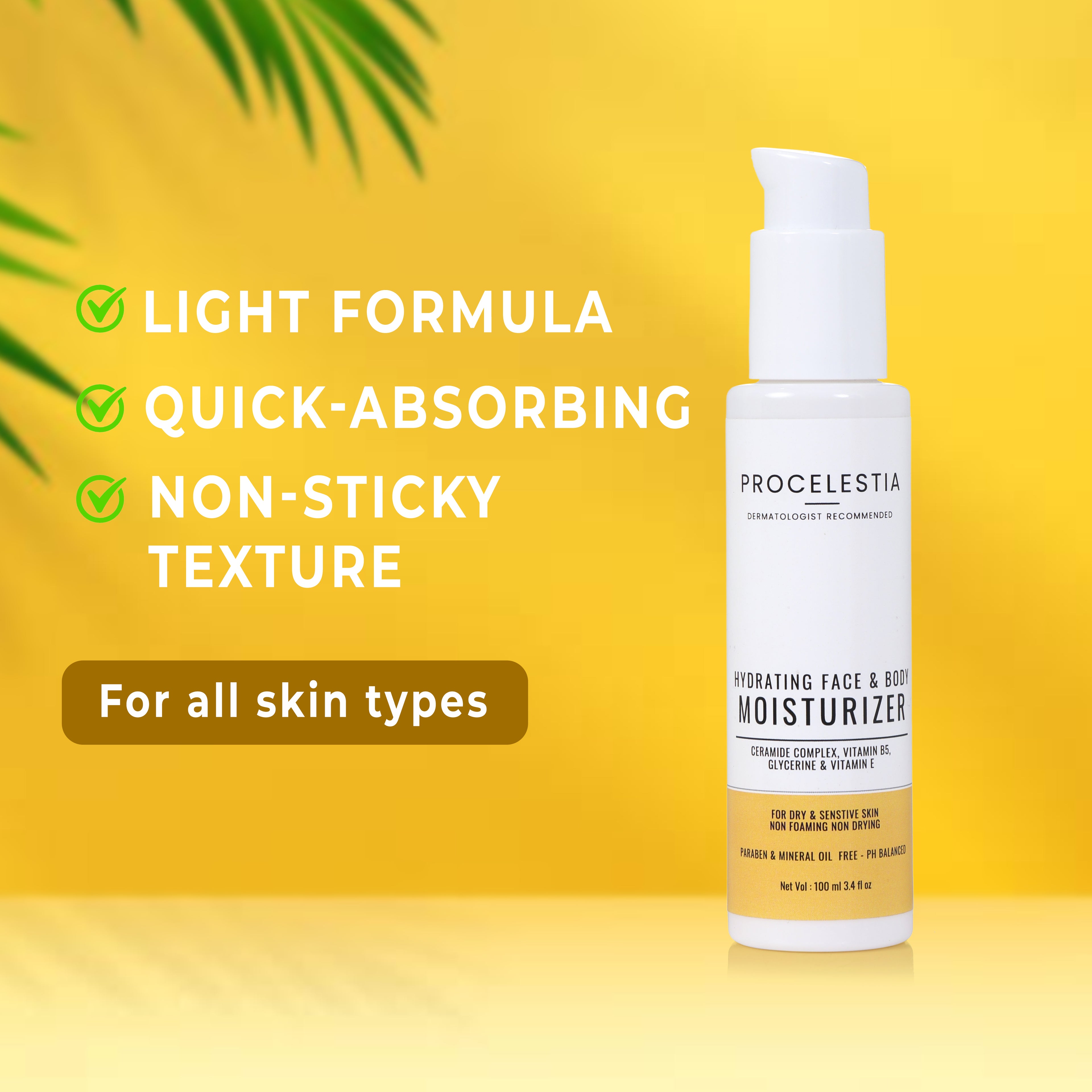 Procelestia Moisturizing Lotion for Dry to Normal, Sensitive Skin | 100 ml | Enriched with Avocado Oil, Vitamin E & B5 | Non-Greasy, Deep Hydration Formula | Dermatologist Recommended | Paraben & Sulphate Free